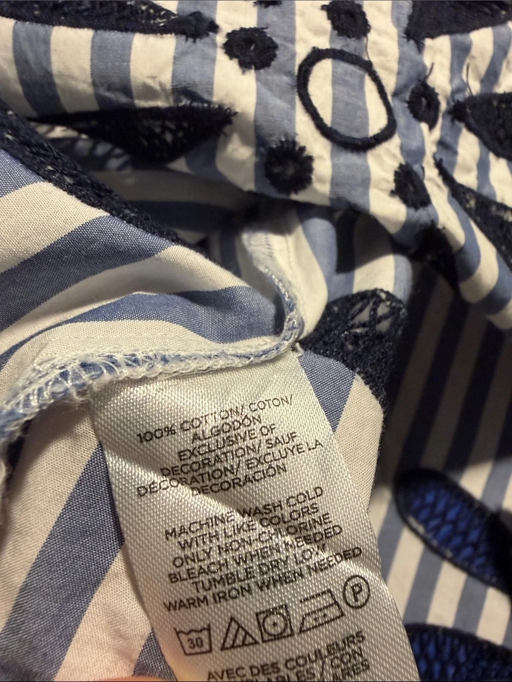 LOFT Navy and White Striped Embroidered Peasant Blouse